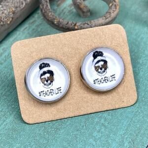 Teacher Life Skeleton Leopard Print Cabochon Stud Graphic Earrings Last One!